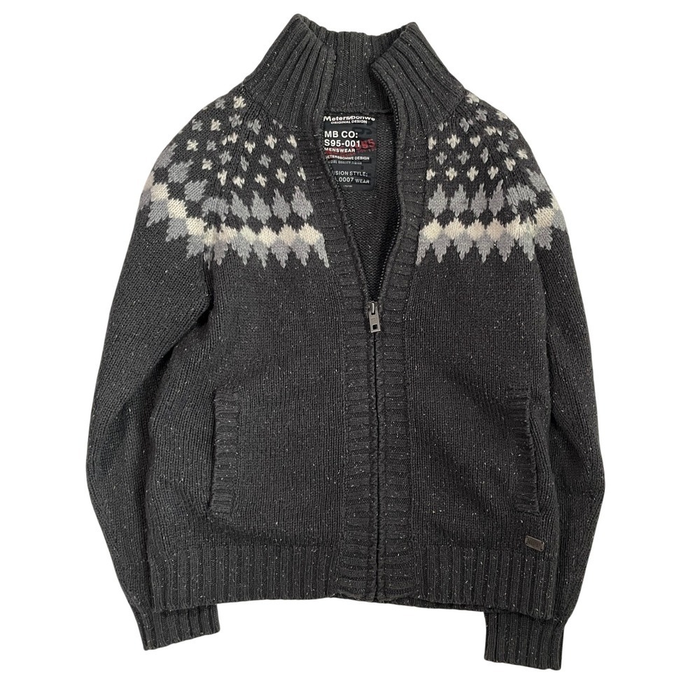 Meters/bonwe Cotton Blend Mens M Full Zip Nordic Fair Isle Sweater Charcoal Grey